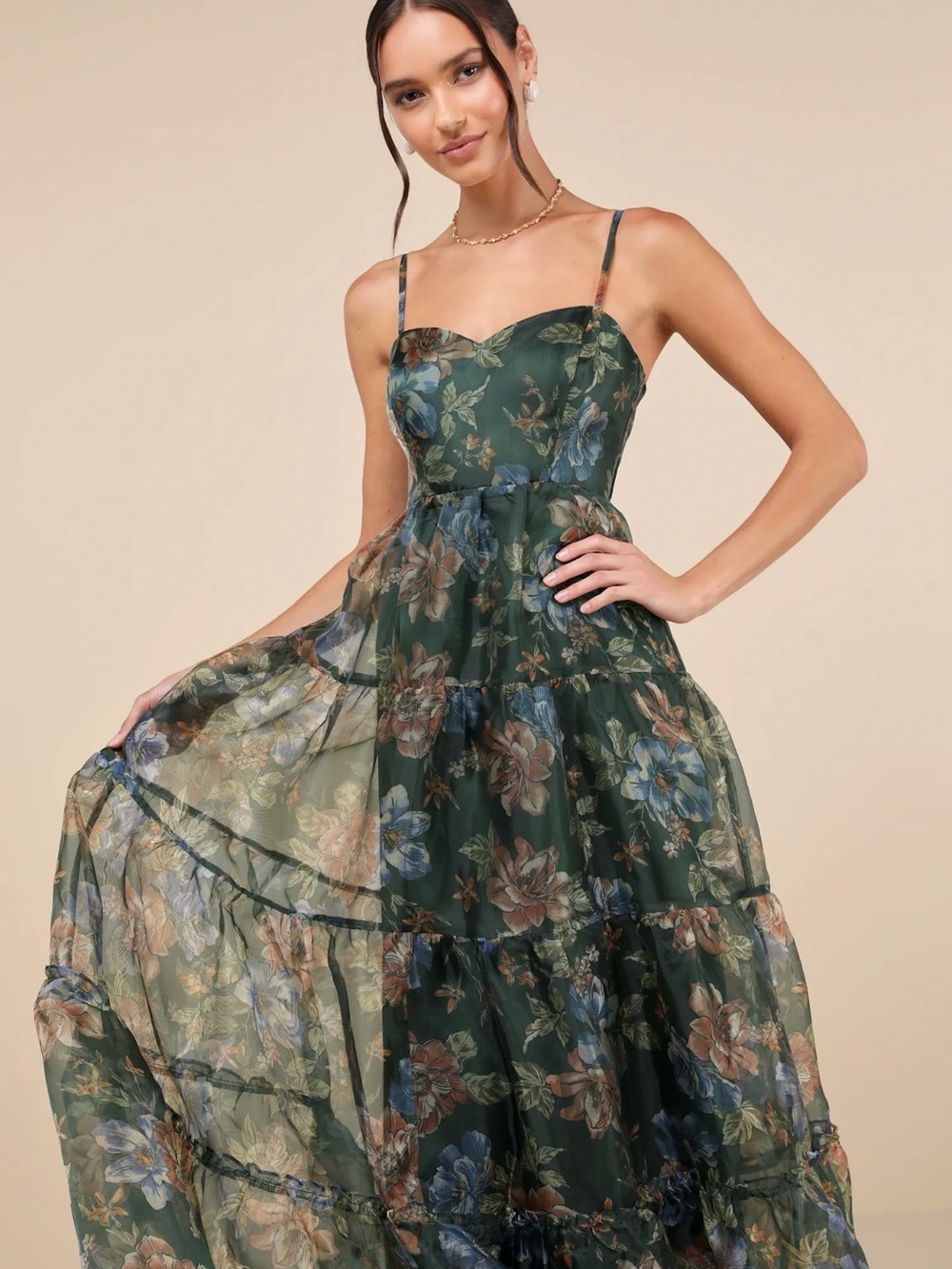 Lulu's Dark Green Floral Spaghetti-Strap Maxi Dress - Picture 4 of 4